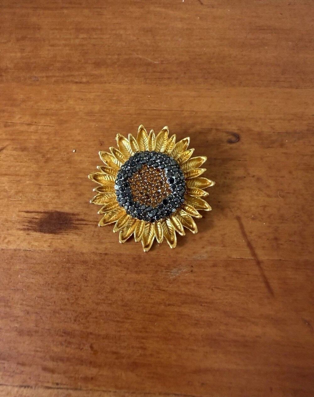 Sunflower Statement Brooch Gold Tone Black Amber Rhinestone Floral Flower Pin